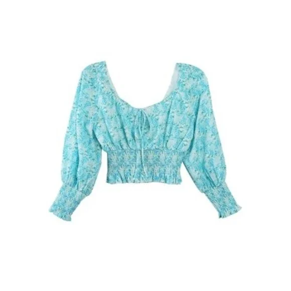 Rixo London Helena Smocked Crop Top Aqua Size M Cottagecore Romantic Resort - Picture 3 of 7